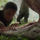 From left to right: Lena (Natalie Portman) inspecting a Shimmered crocodile whose genes have been mixed with those of a shark and Feralgatr, a water type Pokémon.